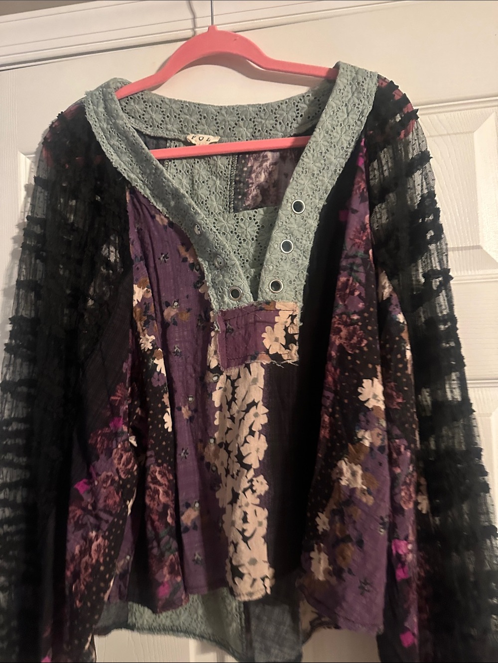 POL Floral Patchwork Boho Top in Black, Purple, Green - Picture 9 of 9